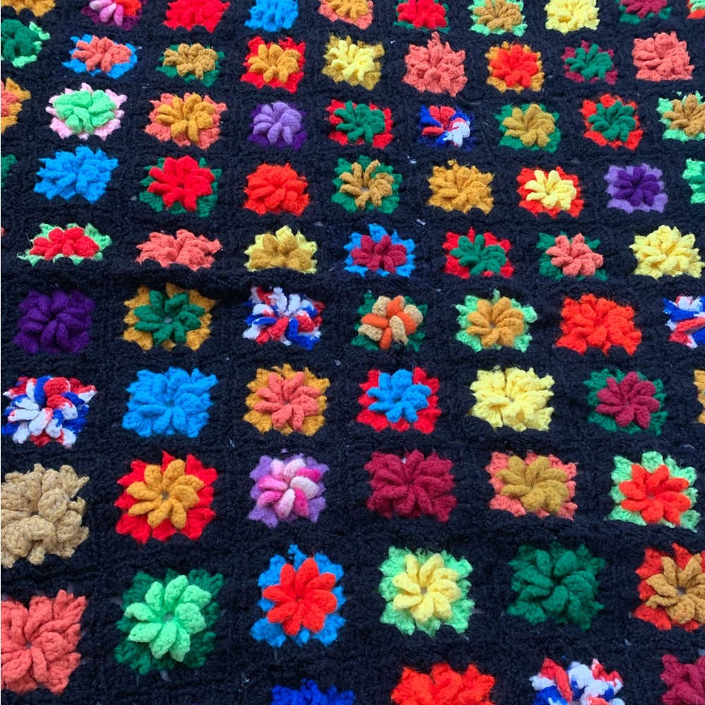 vintage flower squares handmade afghan black with multi colored flowers